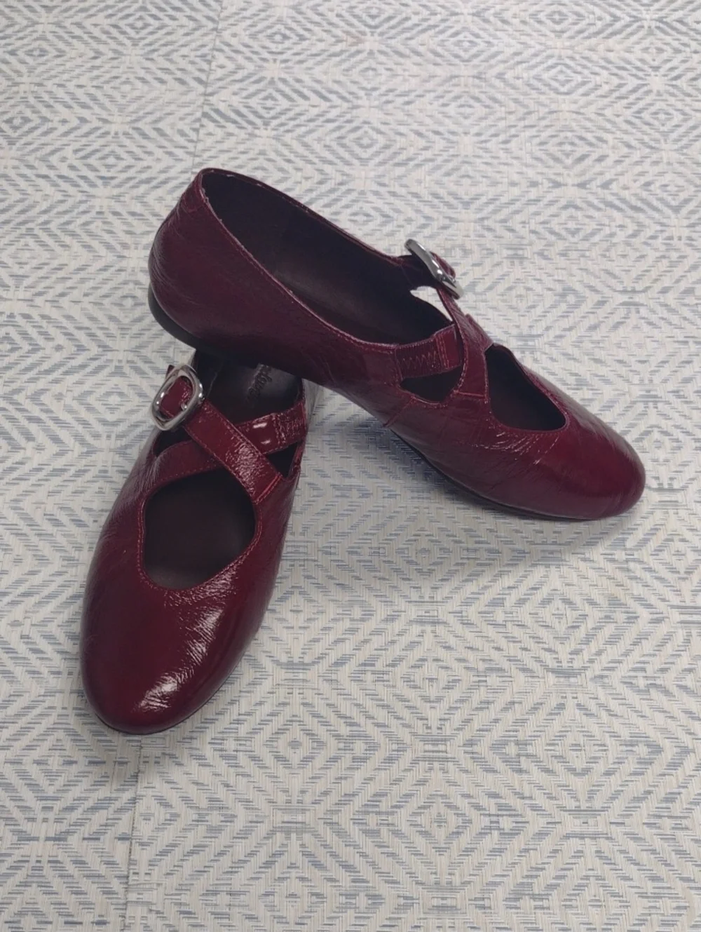 Women's Burgundy Mary Jane Flats with Decorative Buckle